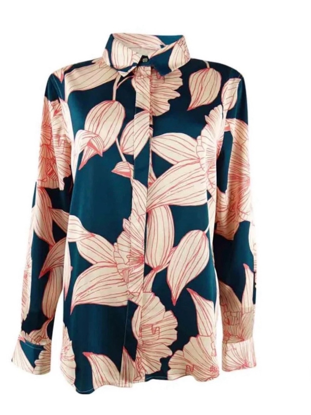 NWT DKNY Women’s Teal Pink Floral Button-Up Blouse Satin-like XL